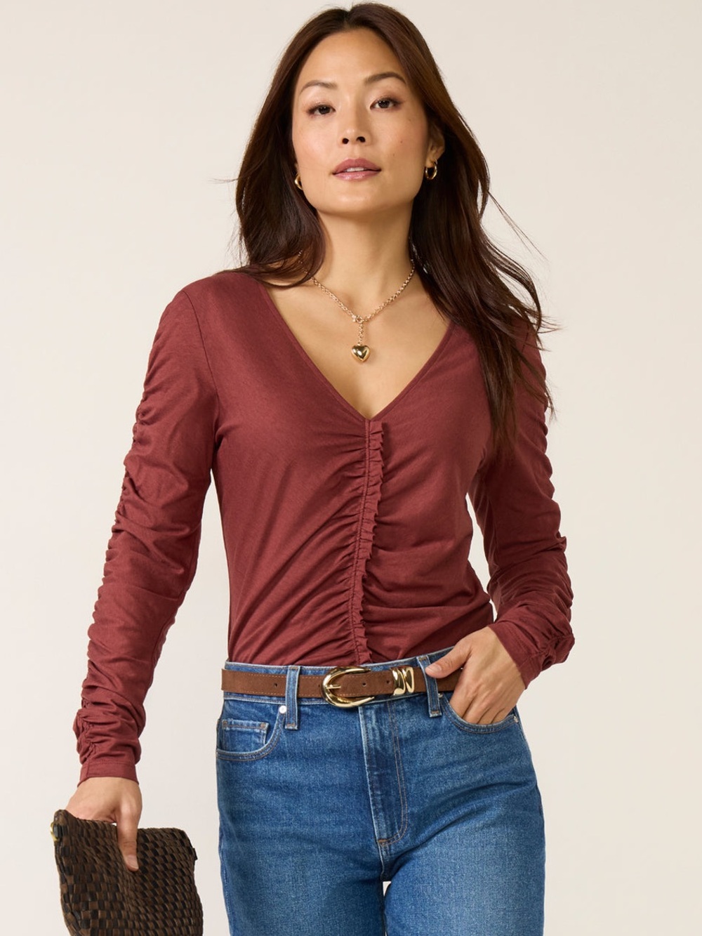 Nation LTD Collette Ruched Long Sleeve V Neck Tee Rust Red Burgundy Small Whimsy